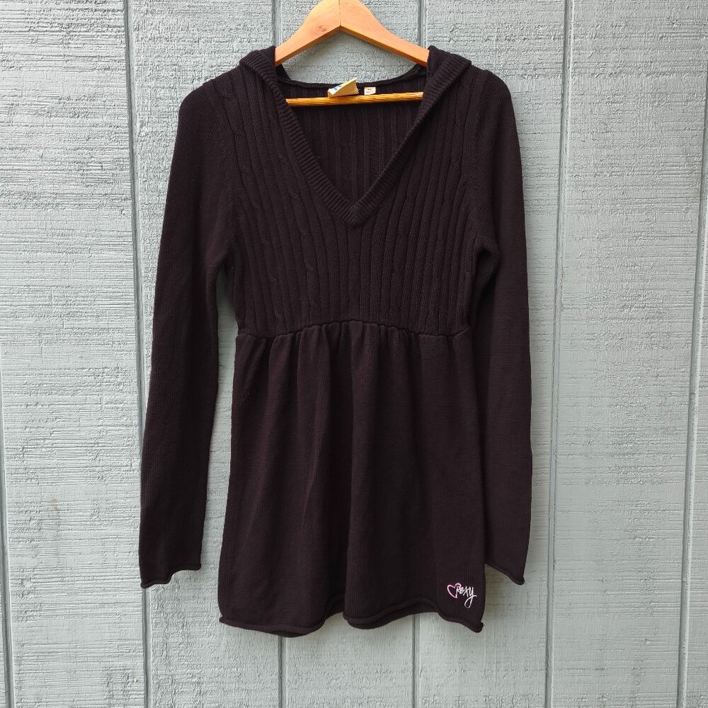 y2k Roxy Cable Knit Babydoll Hooded Sweater sz M Black Coquette Whimsygoth